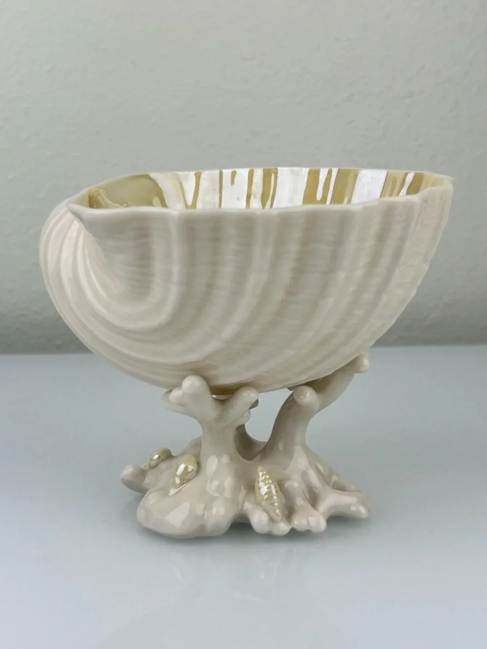 Belleek Ireland Cardium Shell On Coral Base Compote Candy Pedestal Bowl Beige